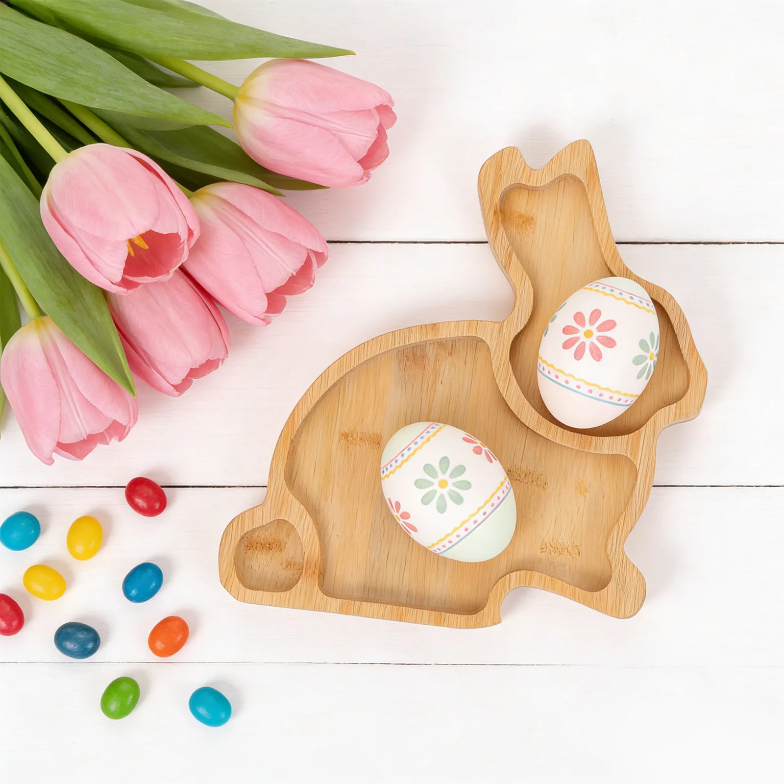 

2Pcs Easter Bunny Wooden Serving Tray Bamboo Rabbit Carrot Design Fruit Snack Platter Party Table Decor Reusable Easter