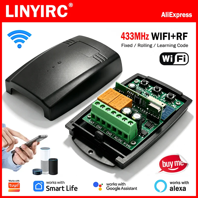 Works With Tuya WIFI Smart Switch 433MHz Universal Garage Door Remote Control Receiver 433.92MHz Fixed Rolling Code Controller