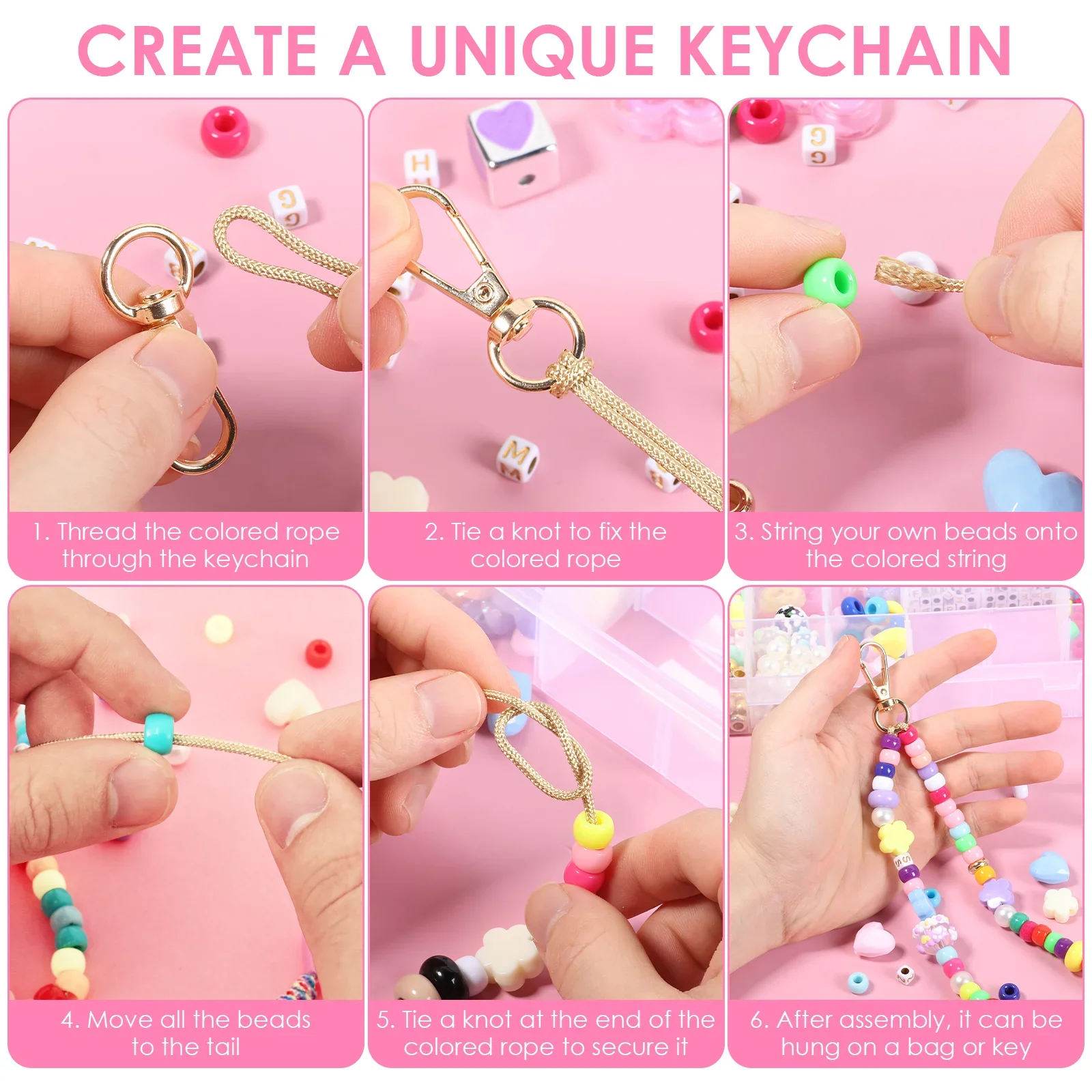 421PCS Beaded Keychain Making Kit for Women Acrylic Heart Flower Star Letter Bag Beads DIY Key Chain Charm Supplies Crafts view 3