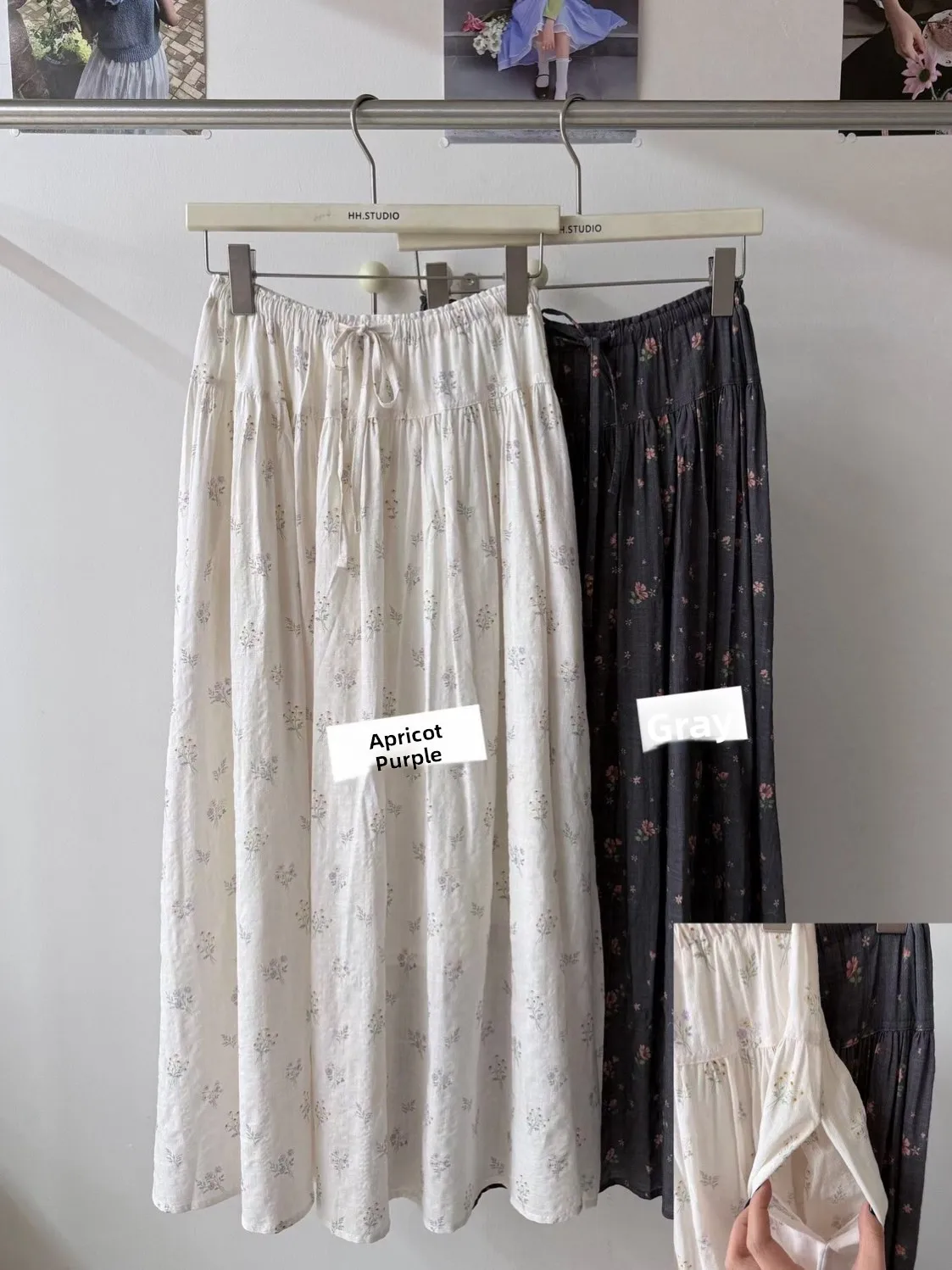 Summer  Floral Print A-Line Midi Skirt Sweet Color Block Half-length Skirts for Women Polyester Fiber Elastic Waist