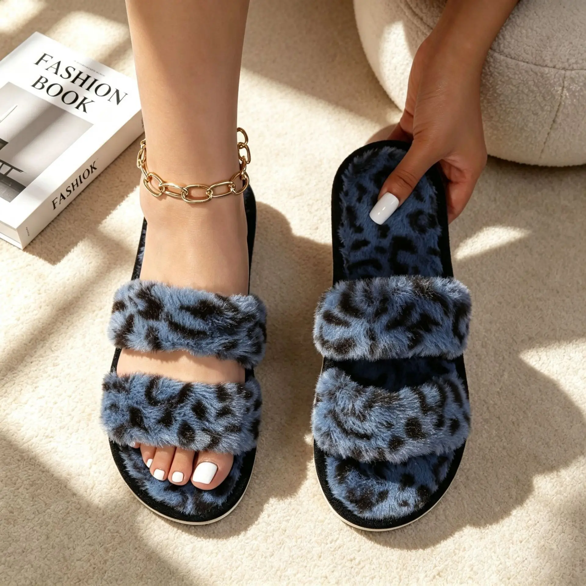 Fashion Leopard Fluffy Fur Winter Slippers for Women Plus Size Open Toe Soft Sole Fuzzy Shoes Indoor House Comfort Plush Slides