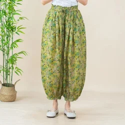 Vintage Frauen Breite Bein Hosen 2024, Neue Sommer Floral Print Übergroßen Casual Lose Harem Hosen Weibliche Pumphose Böhmischen Hosen