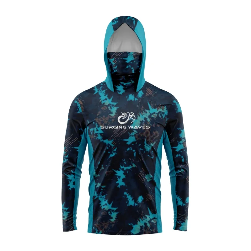 Surging Camo Colorful Hoodie with Face Mask UV 50+Gaiter Fishing Clothing Men's Long sleeved Breathable Quick Drying T-shirt