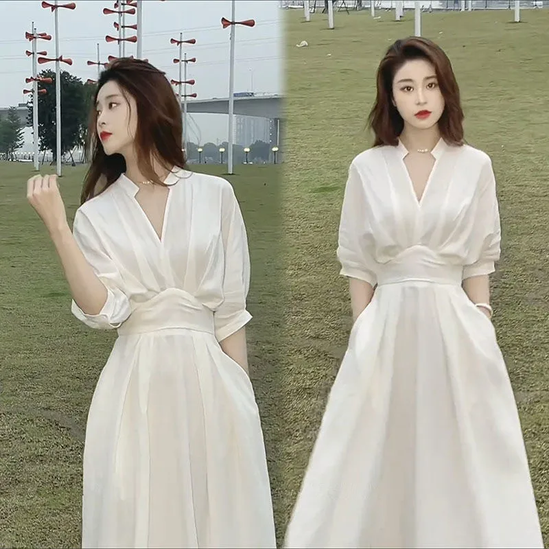 

Summer New Shirt Dress with Waist Cinching Slim Fit V-neck Age Reducing A-line Skirt