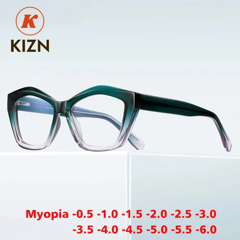 KIZN Okulary korekcyjne z filtrem światła niebieskiego na krótkowzroczność, nowa damska moda, kocie oko, okulary do komputera z przeciwsłonecznym filtrem i możliwością dopasowania soczewek od -0.50 do -10
