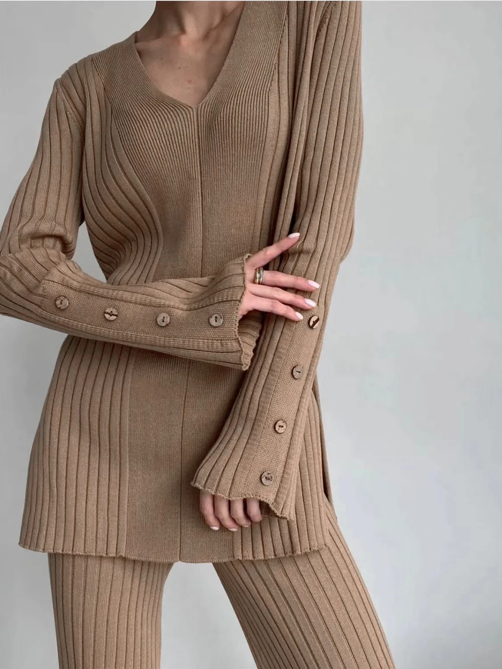 

Wixra Autumn Winter Women Sets V Neck Pullover Sweater With Button+High Waist Trousers Solid Knitwear Elegant Suits