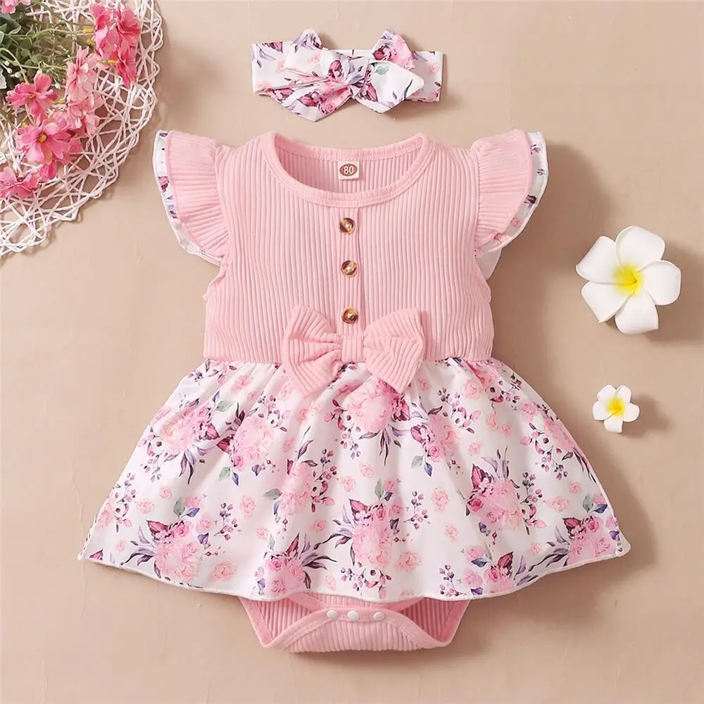 0-18 Months Baby Girl Floral Romper Dress Fly Sleeve Summer Ribbed Jumpsuit with Headband Newborn Baby Girl Lovely 2PCS Outfit