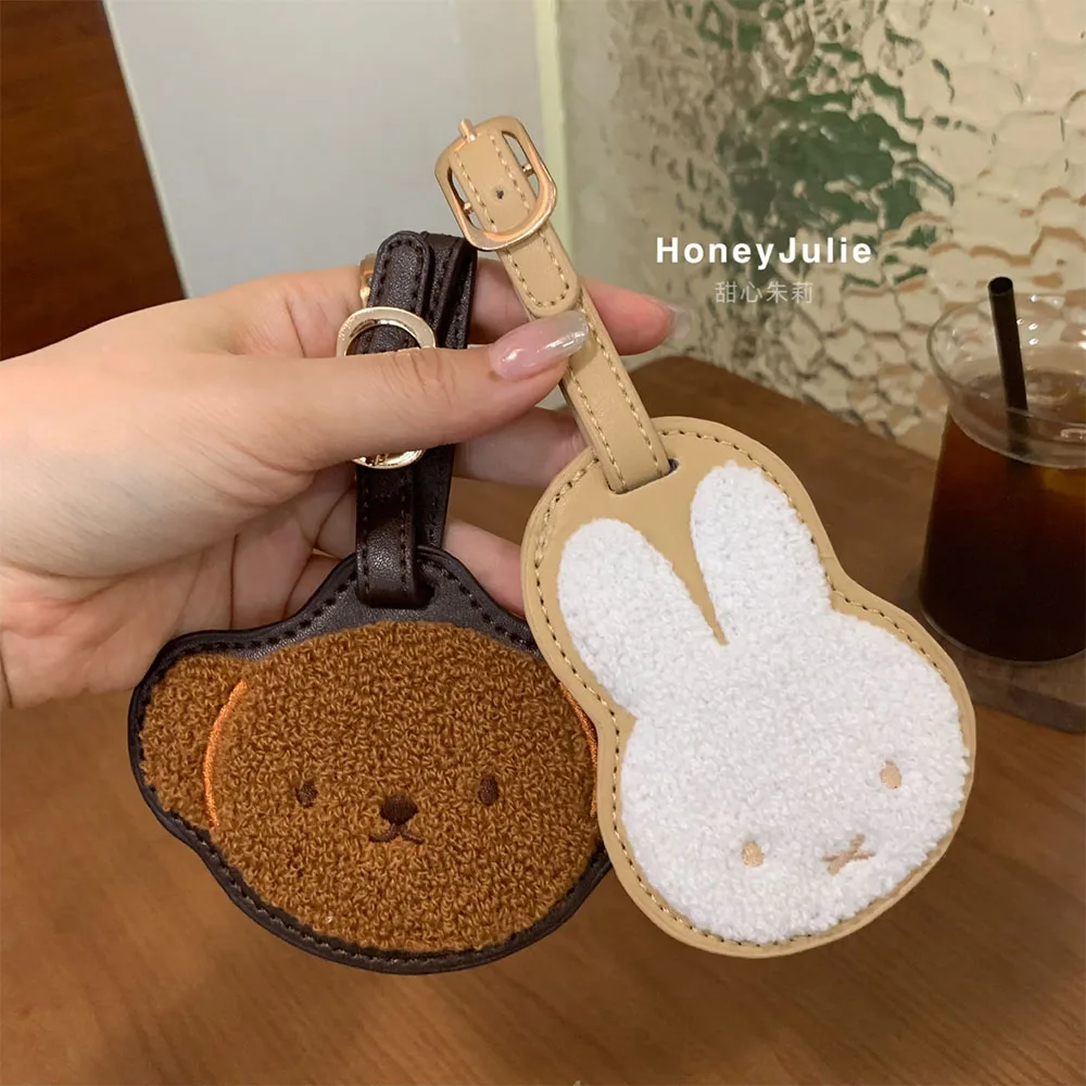 Etiqueta de bagagem de couro bordada kawaii miffy Boris, etiqueta de identificação de bagagem fofa, verificação anti-perda na etiqueta de nome, etiqueta suspensa