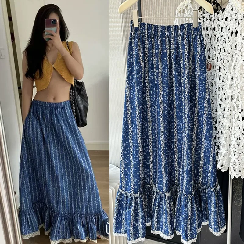 

Blue and White Striped Lace Skirt Female Spring and Summer 2025 High Waist Slim A-line Dress