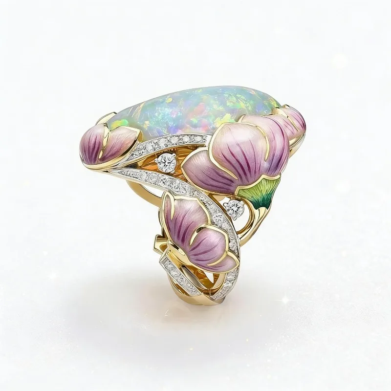 Delicate Fashion Gold Color Floral Ring Lavender Fuchsia Lotus Enamel Oval Cut Fire Stone Bridal Engagement Rings for Women