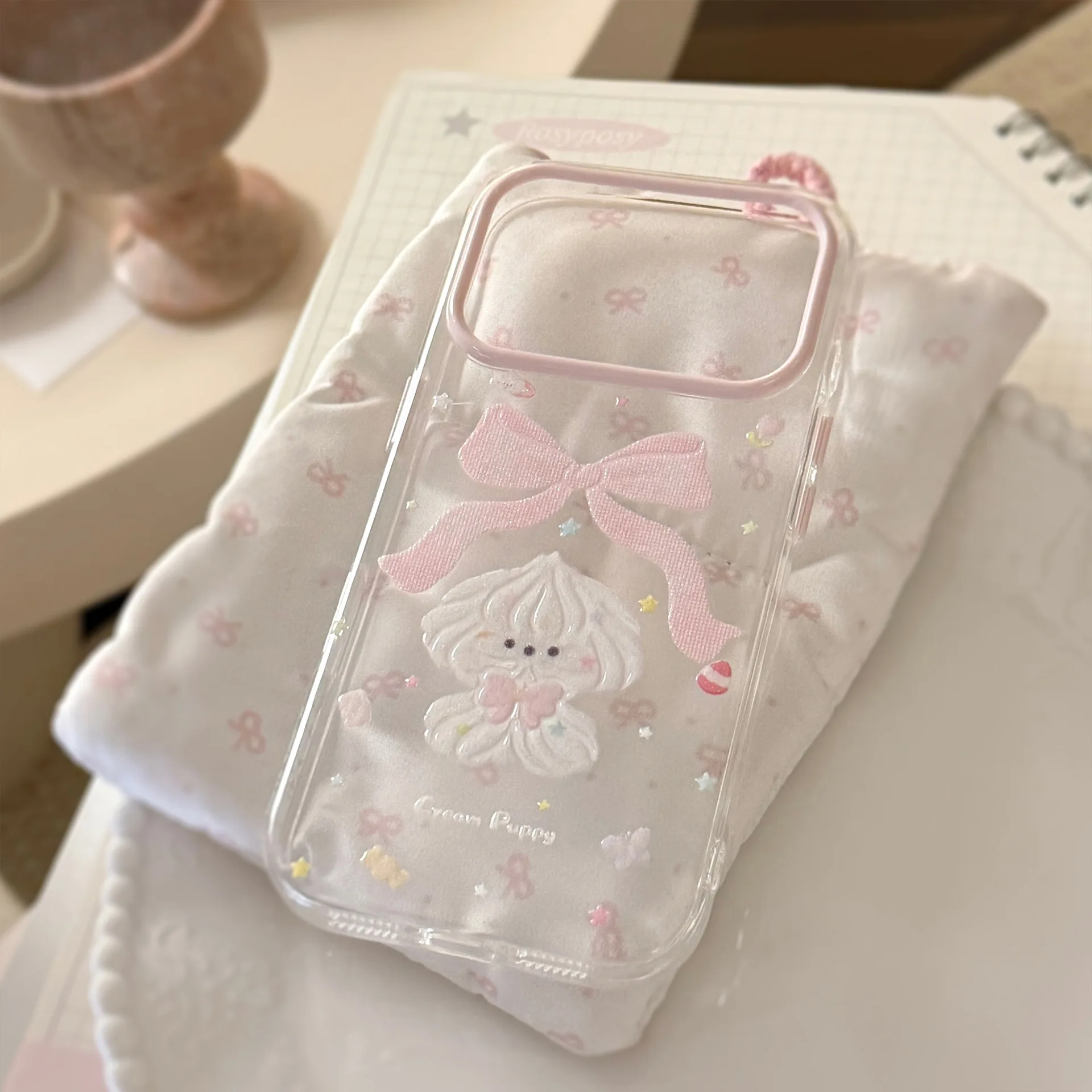 Korean Glitter Cartoon Cream Puppy Bowknot Pattern Phone Case For iPhone 13 14 15 16 17 12 Pro Max Clear Shockproof Soft Cover view 5