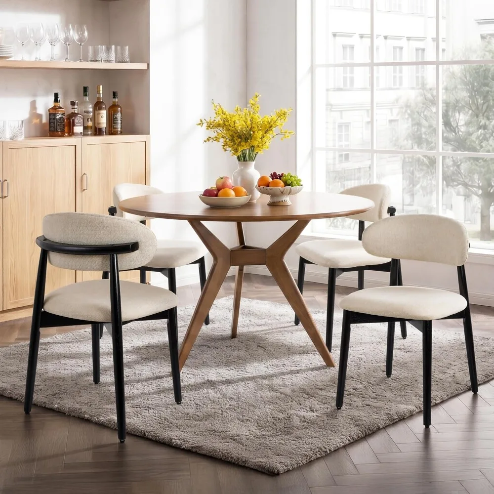 Wooden Dining Chairs Set of 6, Modern Farmhouse Linen Fabric Upholstered Kitchen Chairs with Curve Back, Mid-Century, Custom view 3