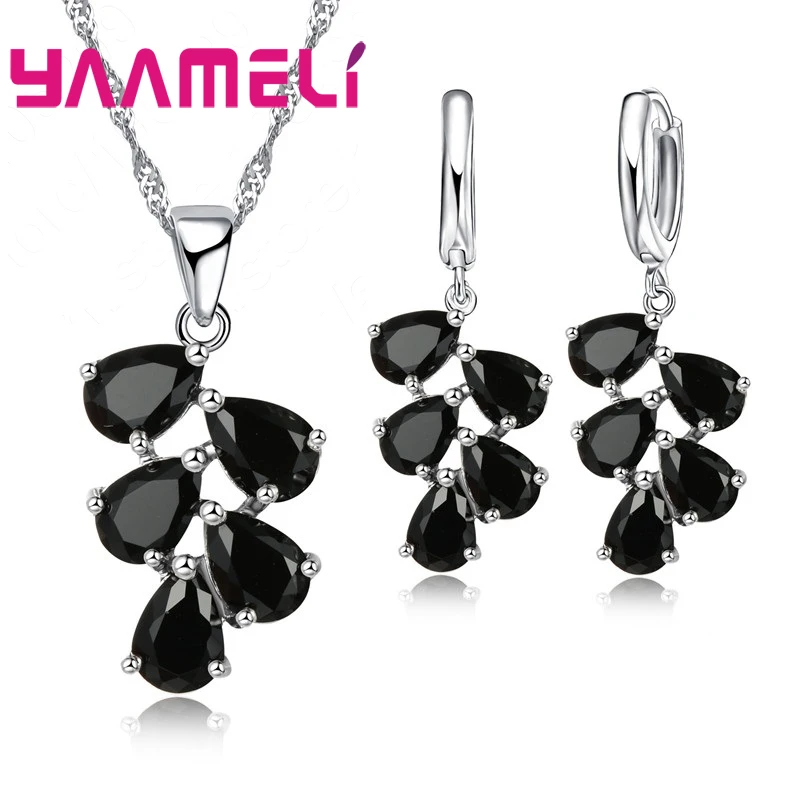 Anniversary Gift For Women Trendy 925 Sterling Silver Color Jewelry Sets Cubic Zirconia Pendants Necklaces Charm Hoop Earrings