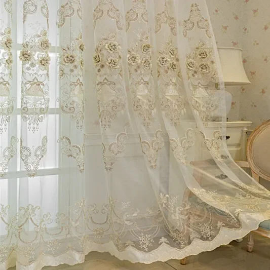 

European High-grade Luxury Balcony Floating Window Gauze Embossed Embroidery Curtains for Living Dining Room Bedroom White