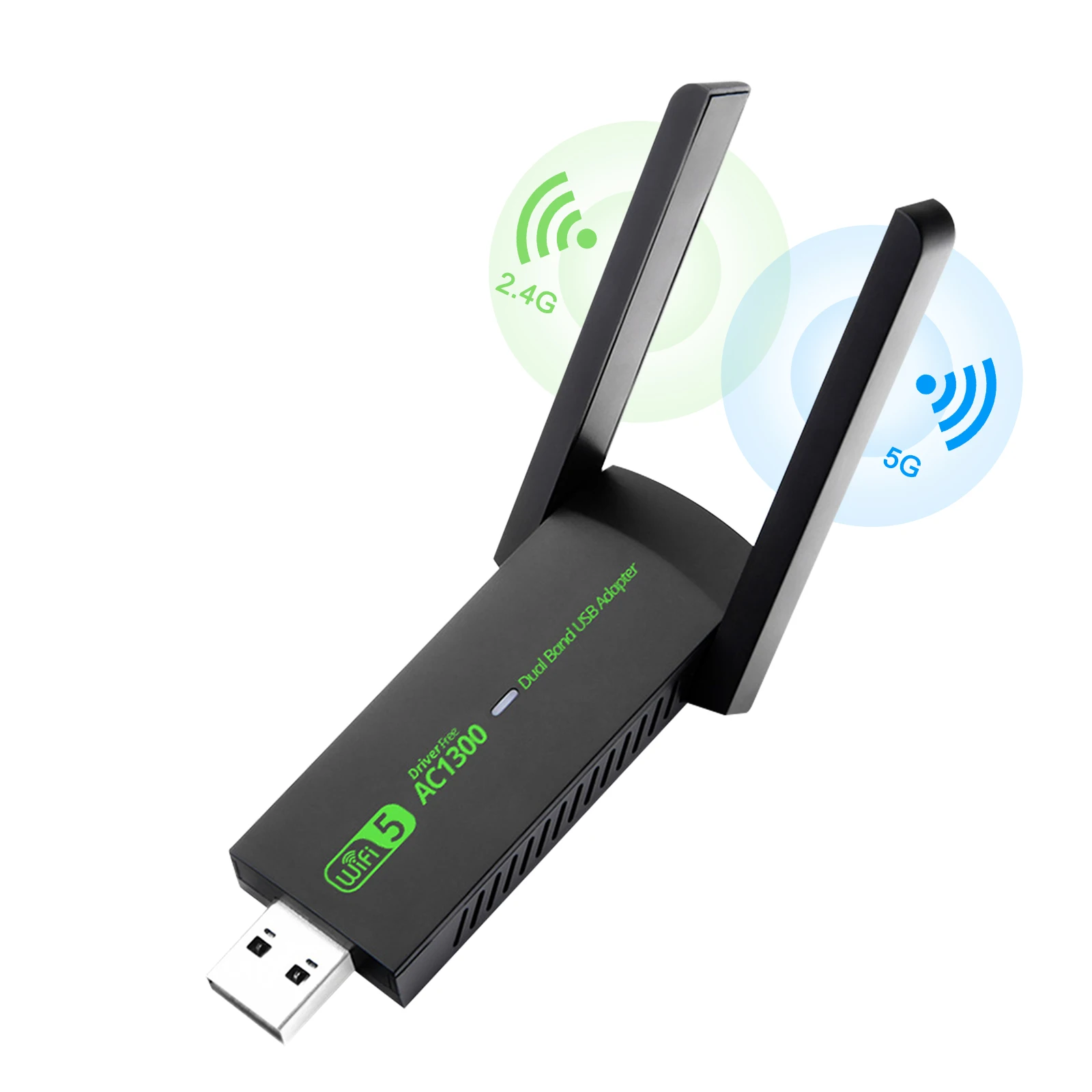 USB WiFi Adapter，AC1300Mbps Dual Band 5dBi High Gain Antenna 2.4GHz/ 5GHz Wireless Network Adapter for PC，Supports Windows /8/10