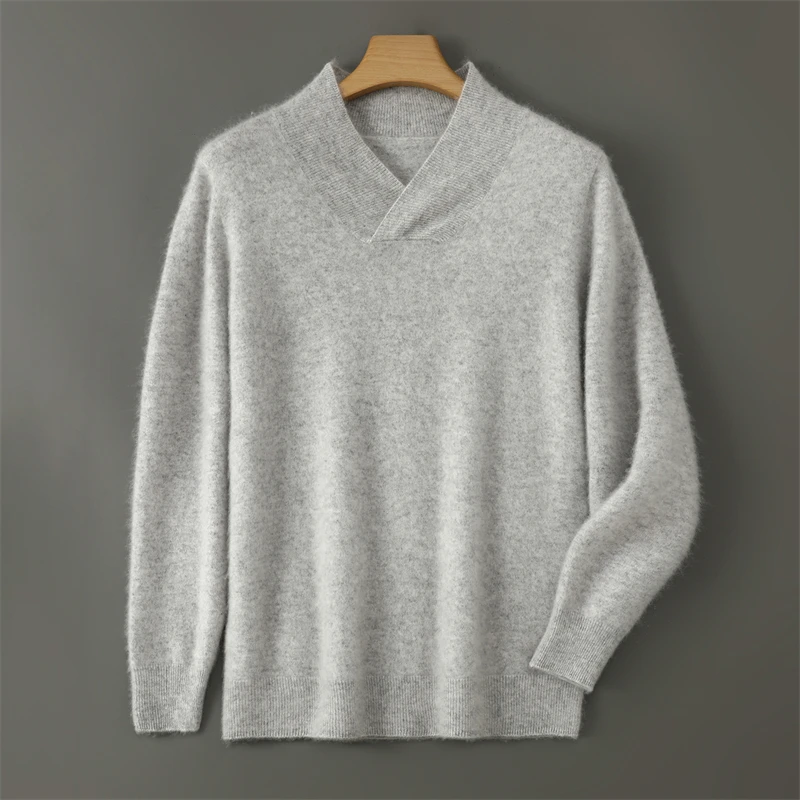 سترة صوف محبوكة 100% برقبة على شكل حرف V للرجال في خريف/شتاء 2025 سترة شبه عالية الرقبة سميكة/عصرية متعددة الاستخدامات دافئة وقاعدة