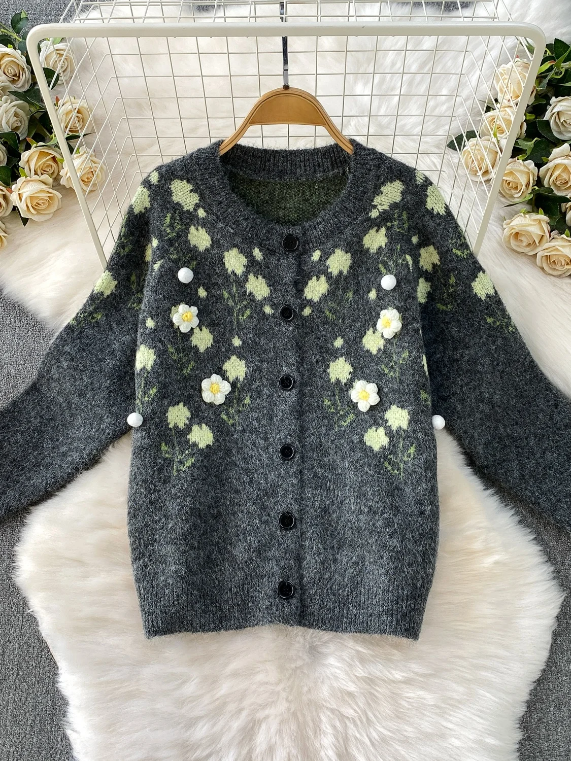 Ele Winter-Outfit, gestrickt, FCE Jaet und Midirock mit hoher Taille, Set mit gestickten 3D-Blumen, lockere Passform, bequem