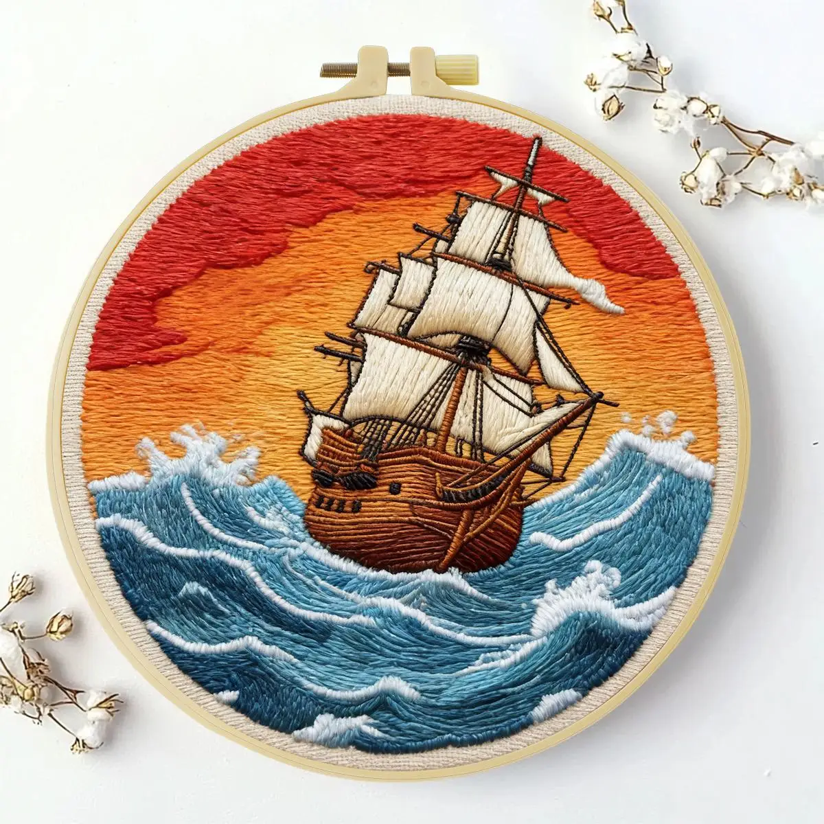 1 Stück 20X20CM/15X15CM 7,87/6,3 Zoll Segelboot-Stickerei-Starter-Kit DIY-Kit DIY-Stickerei-Set für Anfänger – Detail 1