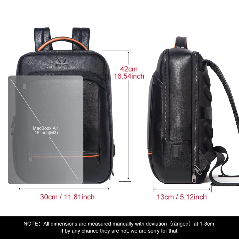 Genuine Leather Men's Backpack Top-Grain Cowhide Business Backpack Includes USB Cable Stylish Casual Laptop Bag