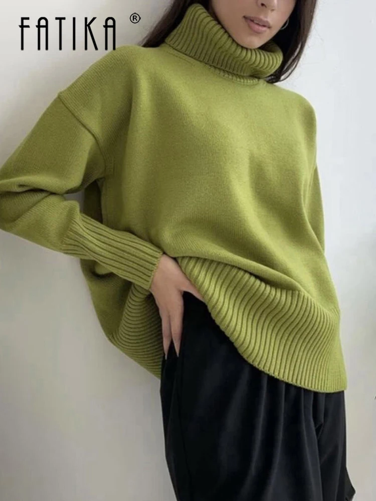 

Fatika Autumn Winter Women Sweater Long Sleeve Casual Green Turtleneck Pullover Femme Warm Knitting Jumpers