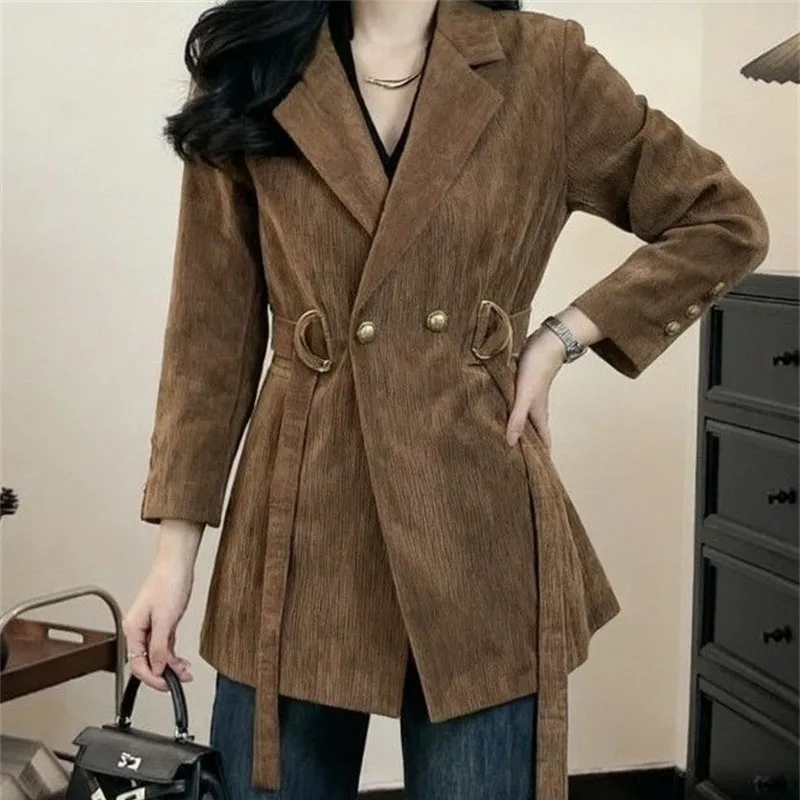 Spring Autumn Lady Long Sleeves Blazer Jacket Korean Women High-end Patchwork Outwear Femme Fashion Solid Color Tie Up Suit Coat
