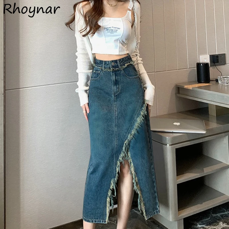 

Fur-lined Skirts Women Summer Girls Designed Asymmetrical Slit Vintage A-line Temperament Korean Style Solid Leisure Chic Trendy