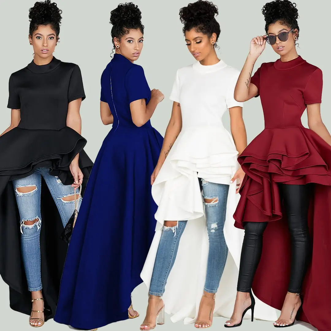 Plus size Women\'s Evening Dress Irregular Ruffle Short Sleeves Skirt Solid Color Zipper Sexy Temperament Party Dresses