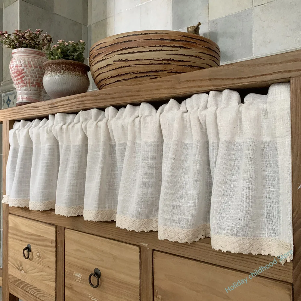 

Nordic Style Short Curtains for kitchen Solid Cotton Linen Lace Hem Half Tulle Curtain Wine Cabinet Door Window Small Curtains