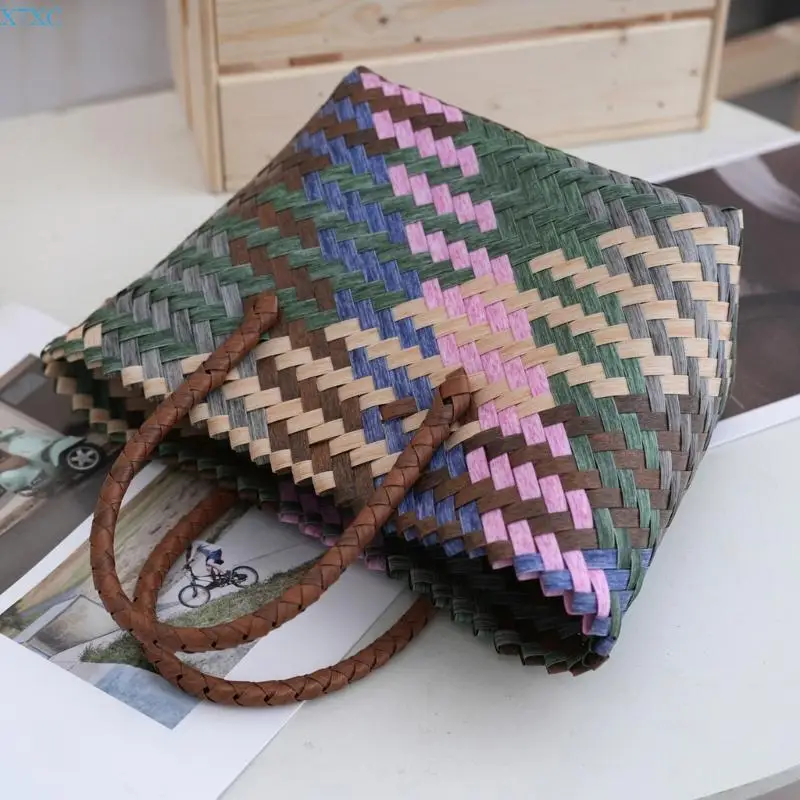 X7XC Stylish Women's Woven Bag With Dachshund Print And Retro Stripe Casual Shopping Bags Handbag for Various Occasion