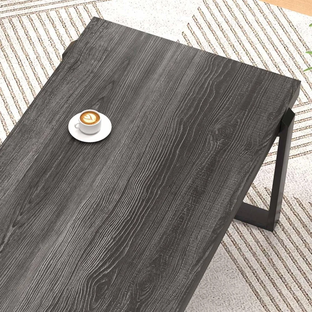 Mesa de centro moderna rústica, centro de mesa rectangular de madera y metal para salón, gris oscuro, ideal para reuniones informales y C