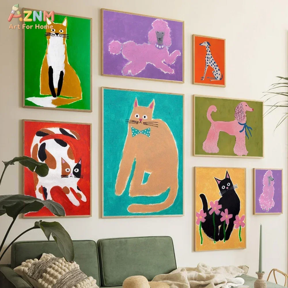 AZNM Colorful Cat Dog Canvas Wall Art Abstract Cartoon Pet Poodle Dalmatian Print Poster Kids Living Room Decor Unframed Paintin