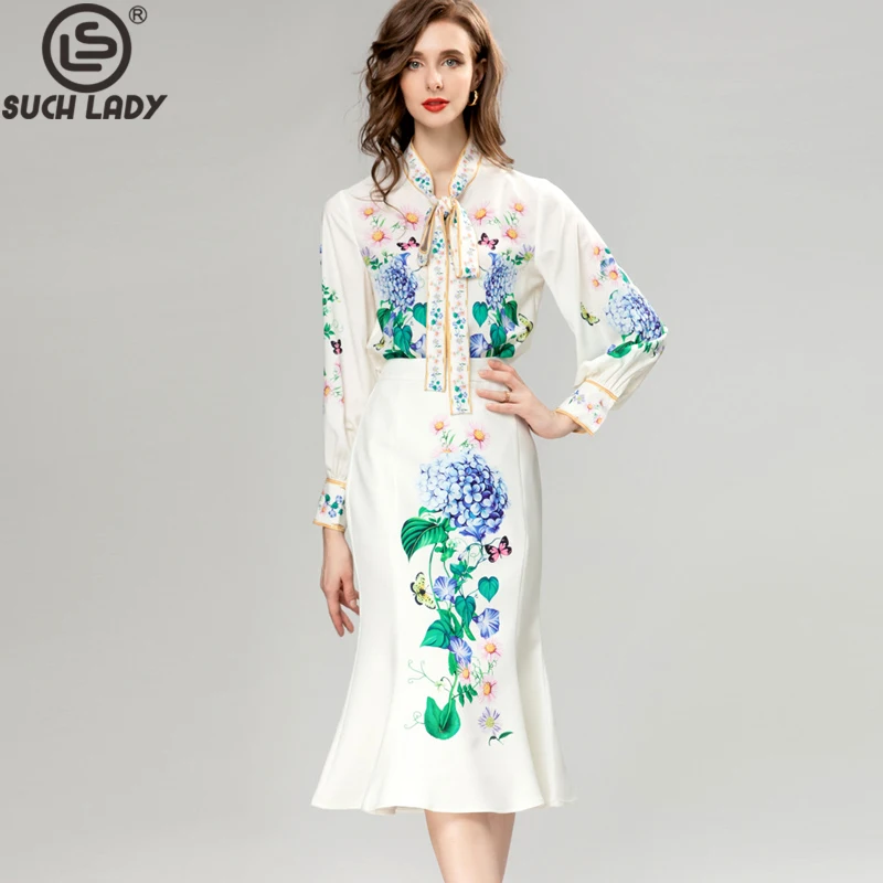 

Women's Runway Designer Two Piece Dress Bow Collar Long Sleeves Printed Shirt with Mermaid Skirt Fashion Twinset Sets