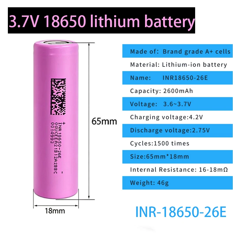 

INR18650-26E 18650 Battery 2600mAh 3.7V Li-ion Cell, High-Current Discharge Rechargeable Power Cell for Power Tools & Flashlight