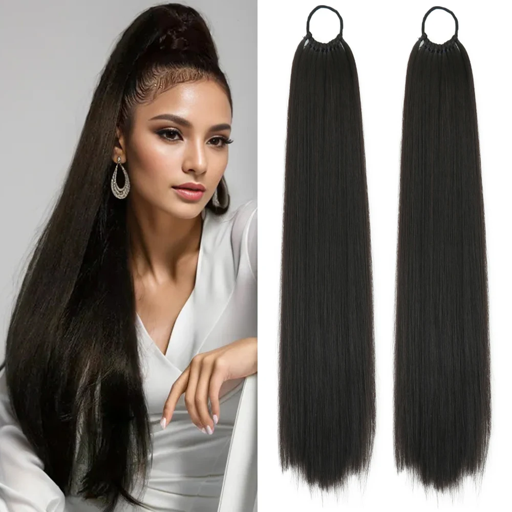 

Синтетический прямой хвост, резинка для наращивания волос, плетеный конский хвост, шиньон 24 дюйма, черная, блондинка, коричневая прическа ForWomem