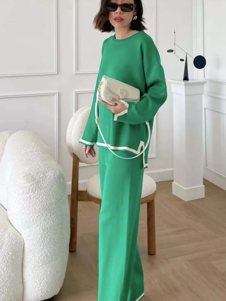 Women Trouser Suits Knitted Fall Spring Office Ladies Sets Knit 2 Piece Set Pajamas Female Side Split Long Sleeve High Waist