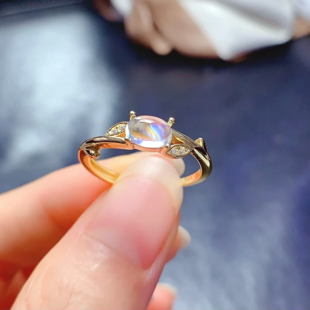 925 Silver Gemstone Ring Natural Moon Stone Ring 4mm*6mm 0.5ct Moon Stone Silver Jewelry with 18K Gold Plating