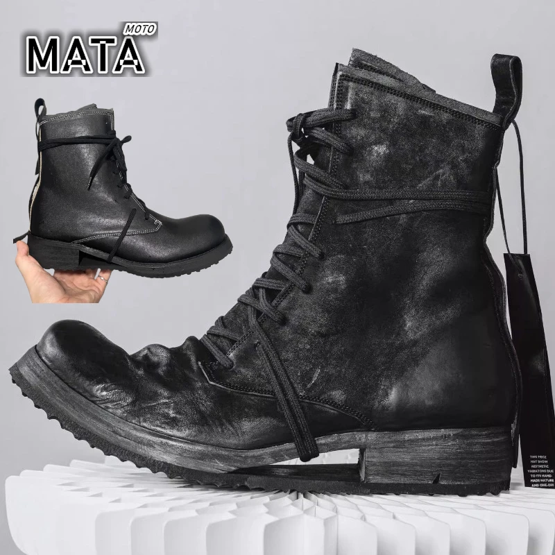 

Винтажные мужские ботинки из натуральной кожи в готическом стиле, ручной работы, дизайнерские, с перфорированной подошвой, на шнуровке, в британском стиле, мотоциклетные, темные, в стиле «темного рыцаря»