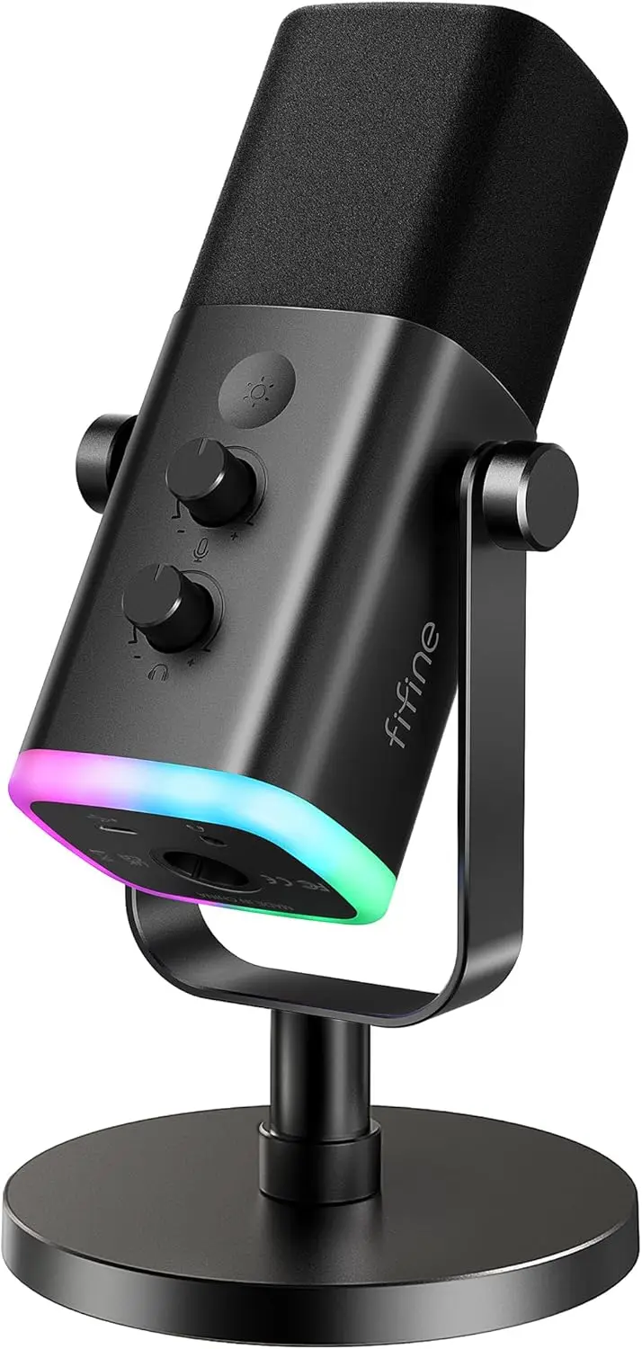 

Динамический микрофон USB/XLR для записи подкастов, игровых стримов с RGB-подсветкой, кнопкой отключения звука, разъемом для наушников, настольной подставкой