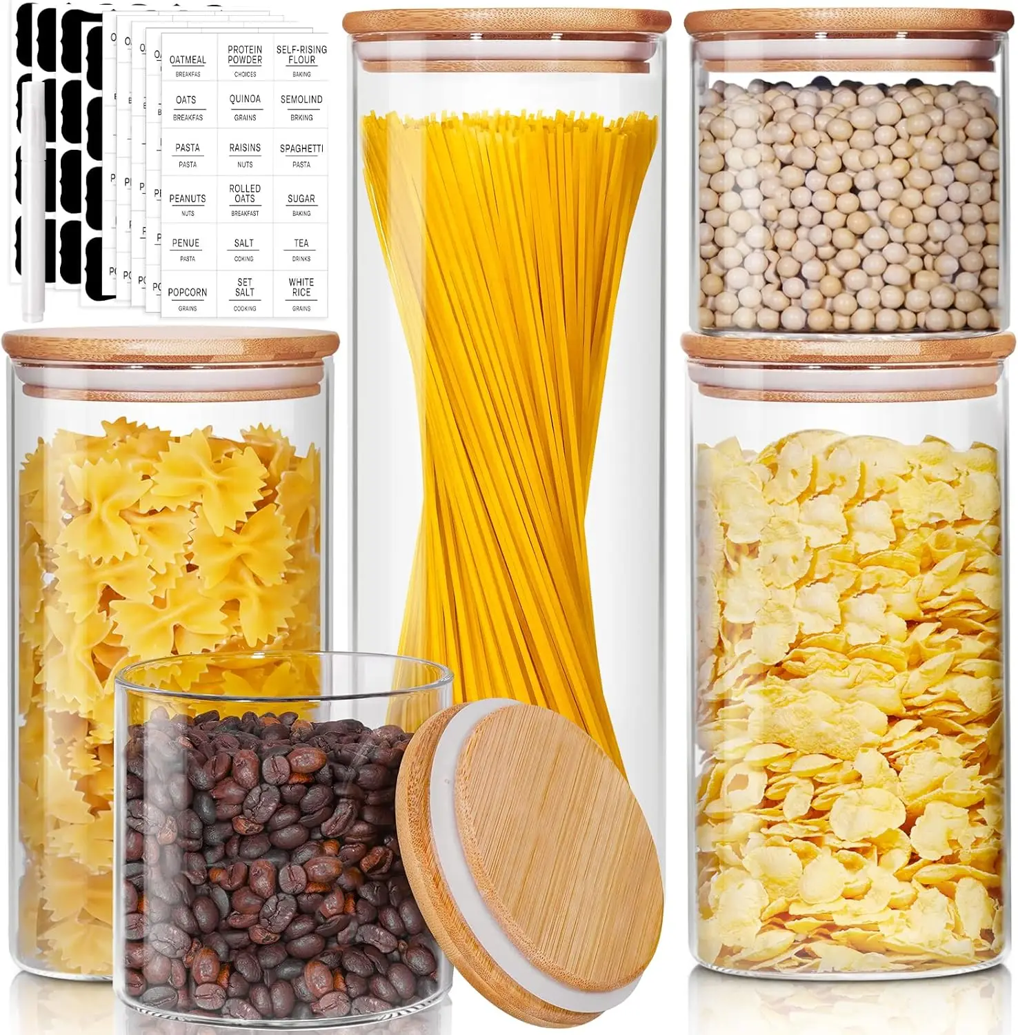 

Glass Jars with Bamboo Lids [Muti Size Set of 5], Glass Canisters with Airtight Lids, Glass Food Storage Containers for