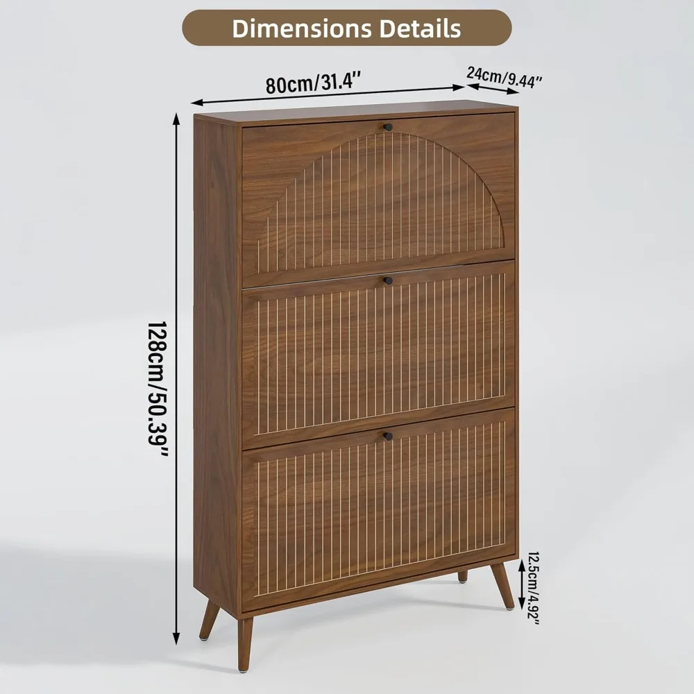 خزانة تخزين الأحذية الخشبية قائمة بذاتها مع 3 أدراج للمدخل وتصميم اللوحة المخددة