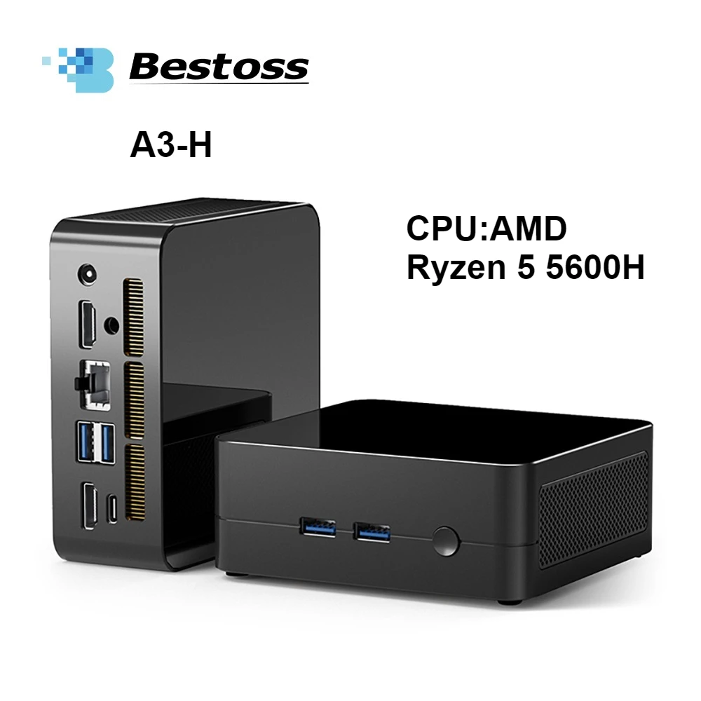 Bestoss A3-H Mini PC AMD Ryzen 5 5600H Max Turbo 4.2GHz Windows 11 Pro Max supporto 64G 3200Mhz RAM WIFI6 PC da gioco per computer