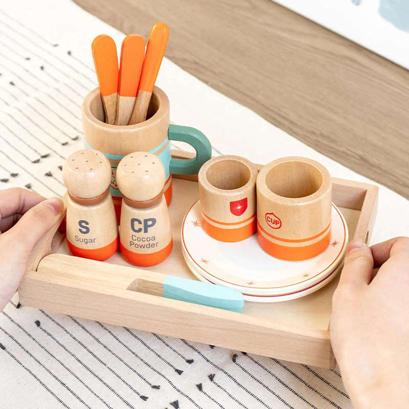 مجموعة أدوات مائدة خشبية متباينة باللونين البرتقالي والأزرق أدوات مطبخ واقعية + قطع زخرفية ممتعة لعب الأدوار للأطفال #6