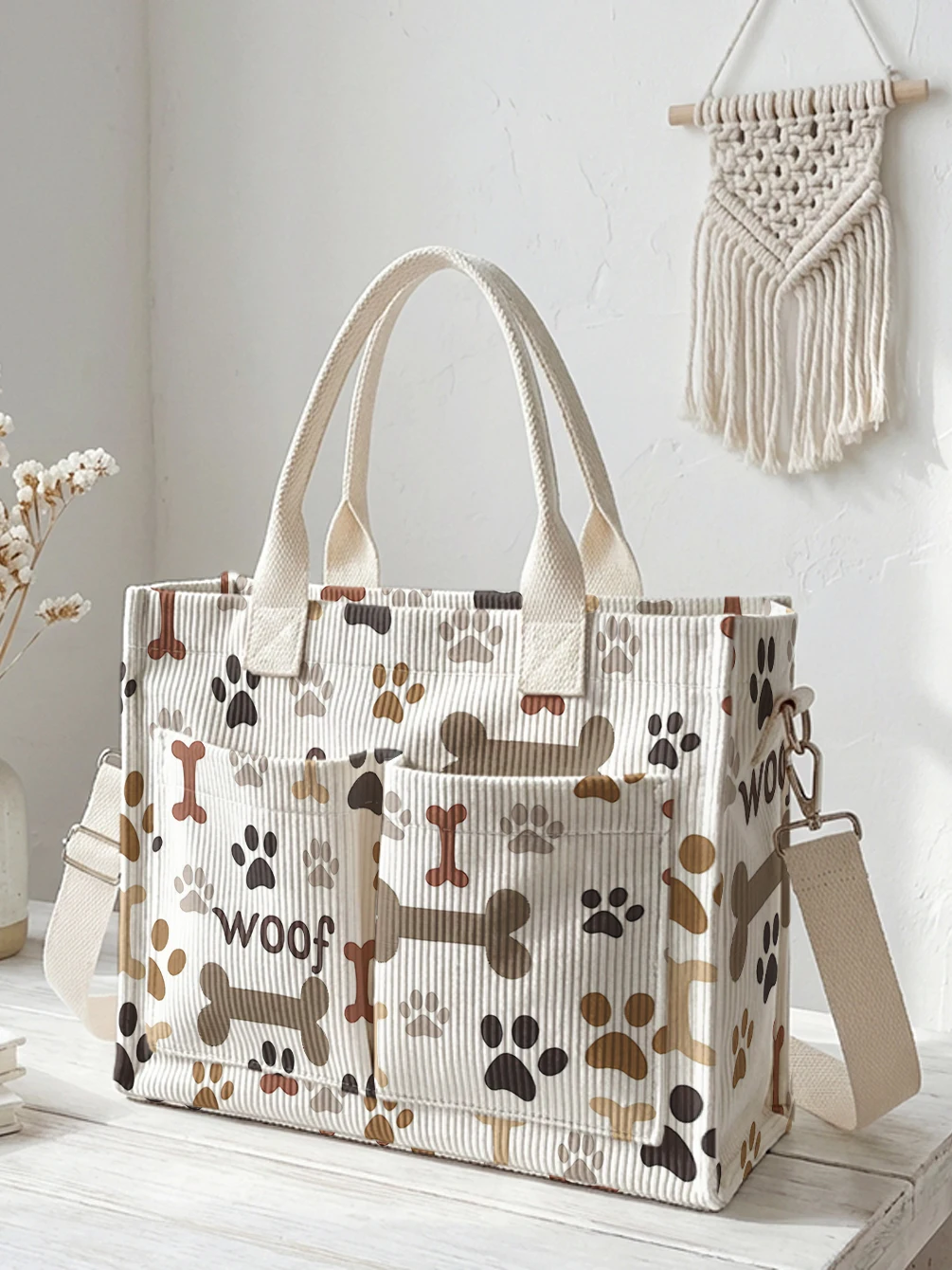 Dog Paw & Bone Print Beige Corduroy Tote Bag Large Capacity Multi Pocket Commuter Shoulder Bag