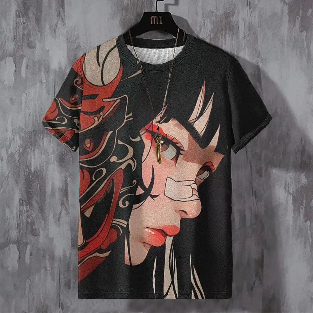 Camiseta Vintage para hombre, camisa con estampado de bonitos personajes de Anime, cuello redondo, informal, ropa de gran tamaño, Top