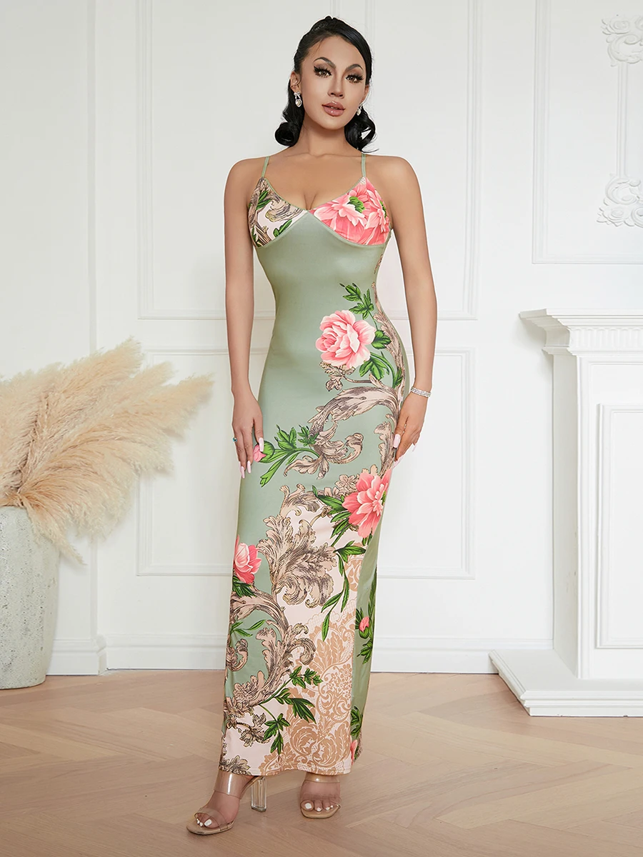 Robe de cocktail longue à imprimé floral pour femme, col en V, dos nu, club, fête, été, S, M, L, nouveau