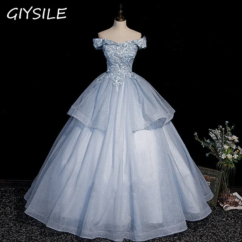 GIYSILE Light Blue Princess Dress Cute Fluffy Dress Slim Fitting Temperament Host Banquet Evening Dresses Boho Wedding Dress