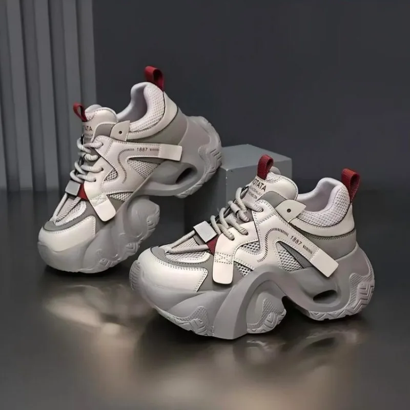 Neue, farbenfrohe, klobige Plateau-Sneaker für Damen, mit Schnürung, aus Mesh-Material, weich und bequem, im „Dad Shoe“-Stil, mit erhöhter Sohle, ideal für Frühling und Herbst. – Detail 3