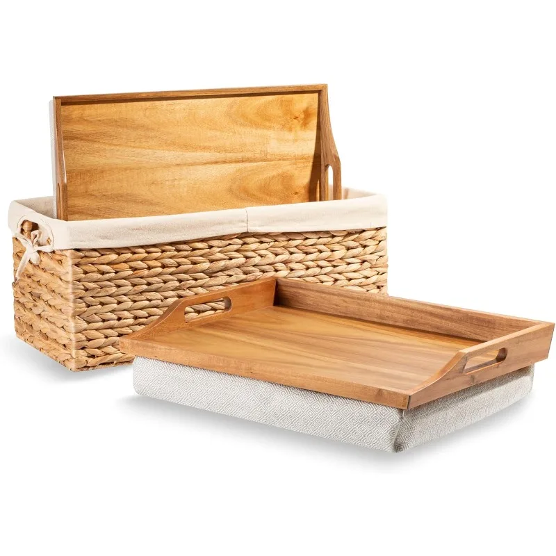 

Wood Bed Tray Lap Desk - Set of Two - with Hyacinth Storage Basket Buffalo Check Fits up to 15.6 Inch Laptops