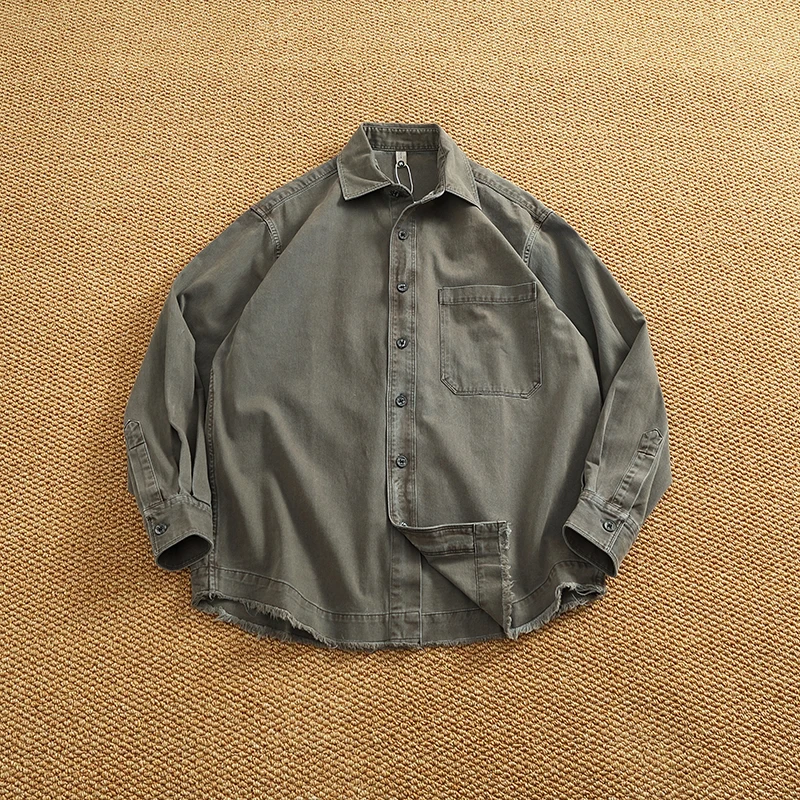 

Relaxed Drop-Shoulder Heavyweight Oversized Shirt Jacket for Men - Vintage Washed & Distressed Thickened Cotton Workwear Shirt