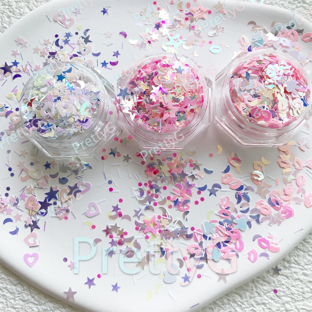 PrettyG Wholesale FR Pink Mix Star Moon Lip Tinsel Dot Sequins Glitter Shape Glitter For DIY Gel Nail Art Decoration Accessories